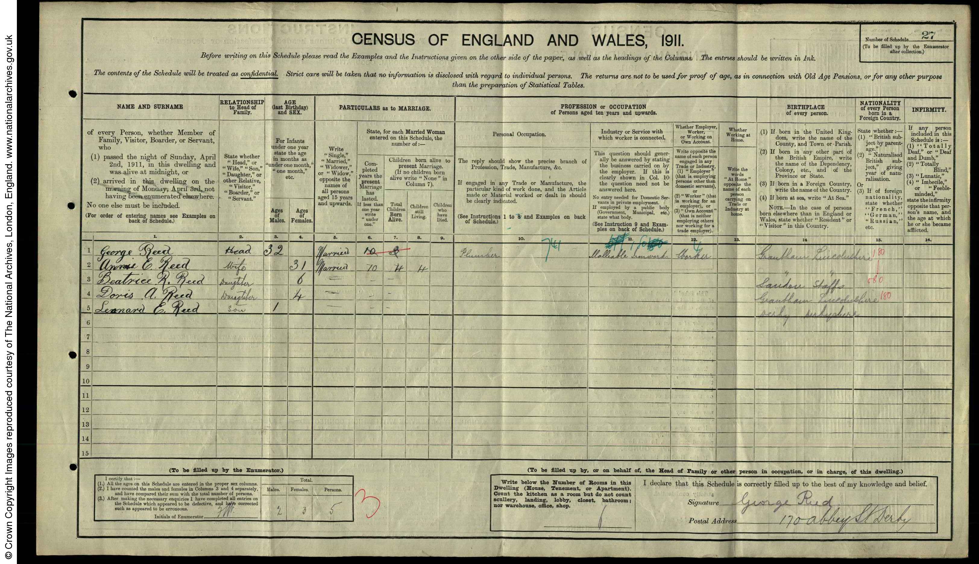 George Reed 1911 Census