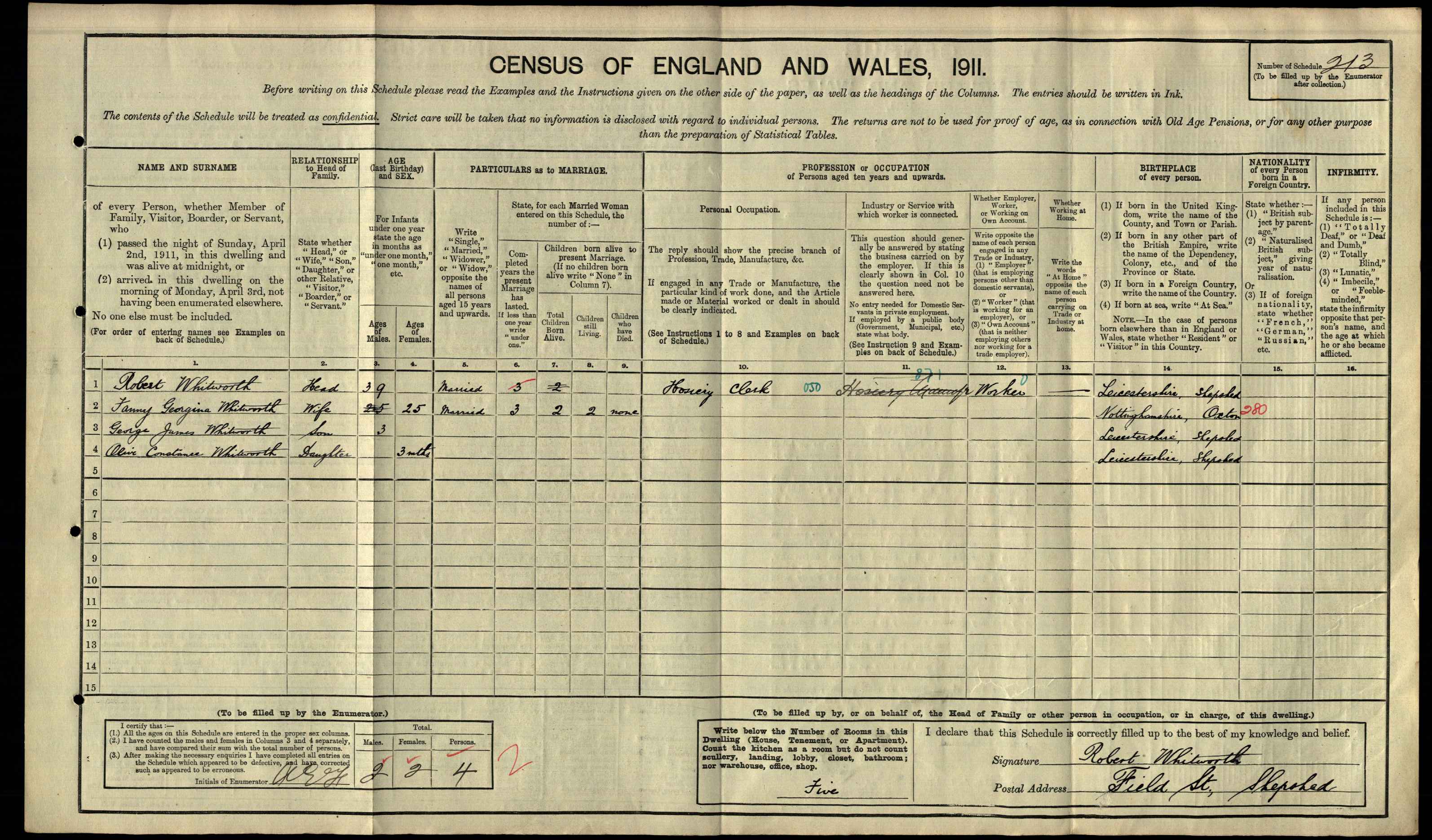 Robert Whitworth - Fanny Georgina 1911 Census